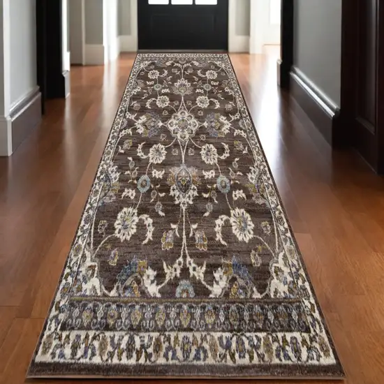 10' Ivory Blue and Brown Floral Power Loom Runner Rug Photo 1