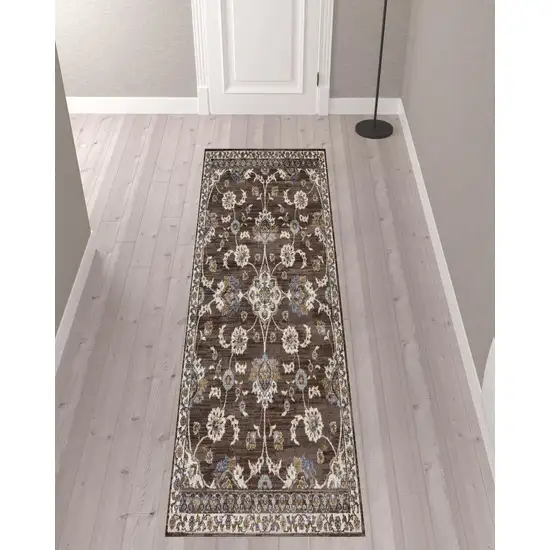 10' Brown Floral Power Loom Runner Rug With Fringe Photo 2