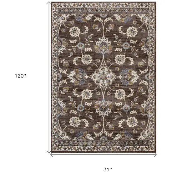 10' Brown Floral Power Loom Runner Rug With Fringe Photo 6