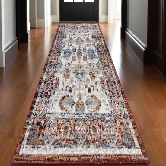 10' Ivory Brown and Orange Floral Power Loom Runner Rug Photo 1