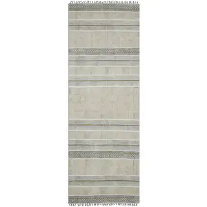 Photo of 8' Brown Geometric Flatweave Handmade Distressed Runner Rug With Fringe