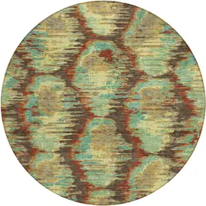 Photo of 8' Brown Gold And Teal Blue Round Abstract Washable Indoor Outdoor Area Rug