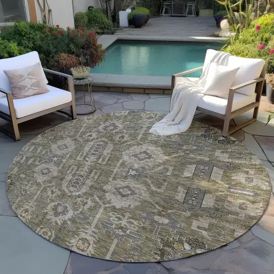 8' Brown Gray And Charcoal Round Oriental Washable Indoor Outdoor Area Rug Photo 6