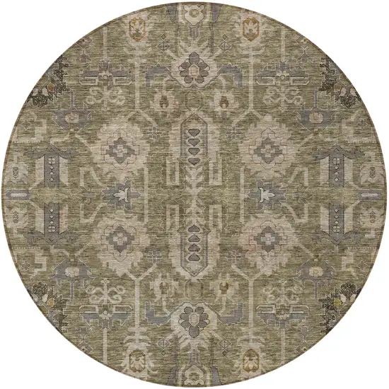 8' Brown Gray And Charcoal Round Oriental Washable Indoor Outdoor Area Rug Photo 5