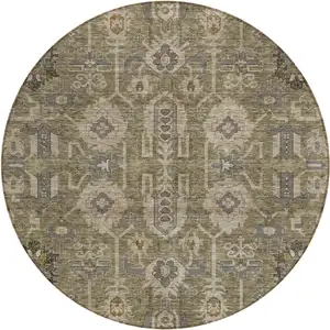 Photo of 8' Brown Gray And Charcoal Round Oriental Washable Indoor Outdoor Area Rug