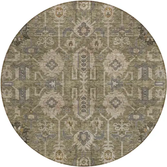 8' Brown Gray And Charcoal Round Oriental Washable Indoor Outdoor Area Rug Photo 1