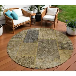 Photo of 8' Brown Gray And Charcoal Round Patchwork Washable Indoor Outdoor Area Rug