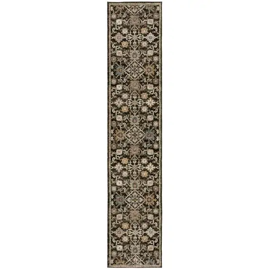 8' Brown Gray And Tan Oriental Runner Rug Photo 2