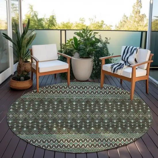 8' Brown Green And Olive Green Round Tribal Washable Indoor Outdoor Area Rug Photo 7