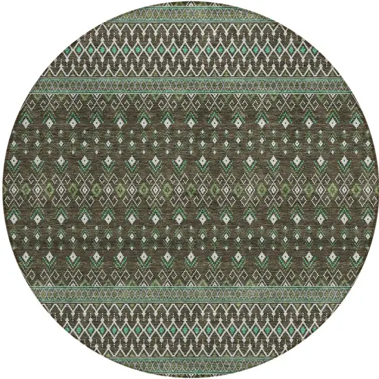 8' Brown Green And Olive Green Round Tribal Washable Indoor Outdoor Area Rug Photo 6