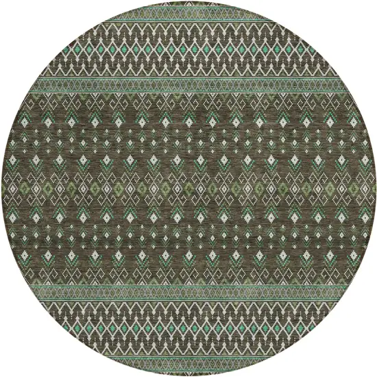 8' Brown Green And Olive Green Round Tribal Washable Indoor Outdoor Area Rug Photo 1