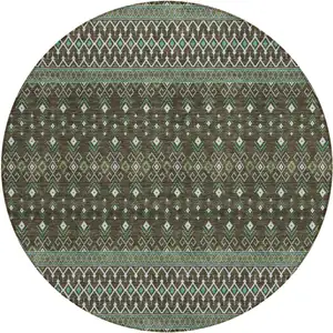 Photo of 8' Brown Green And Olive Green Round Tribal Washable Indoor Outdoor Area Rug