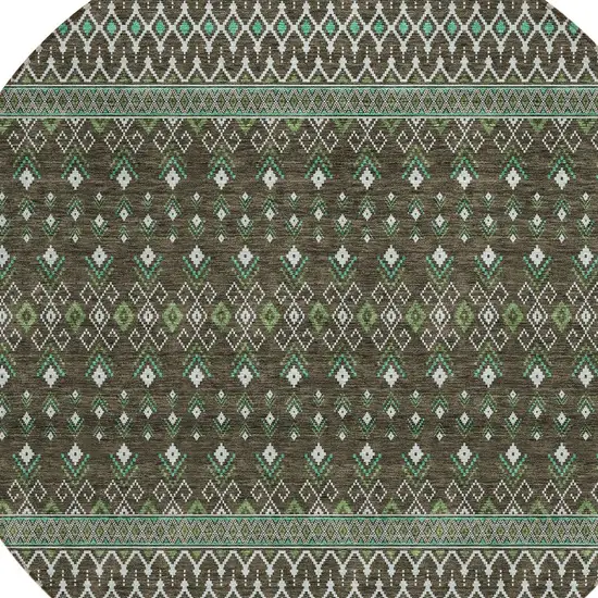 8' Brown Green And Olive Green Round Tribal Washable Indoor Outdoor Area Rug Photo 5