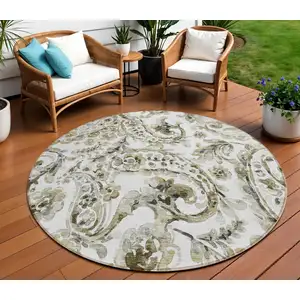 Photo of 8' Brown Ivory And Tan Round Paisley Washable Indoor Outdoor Area Rug