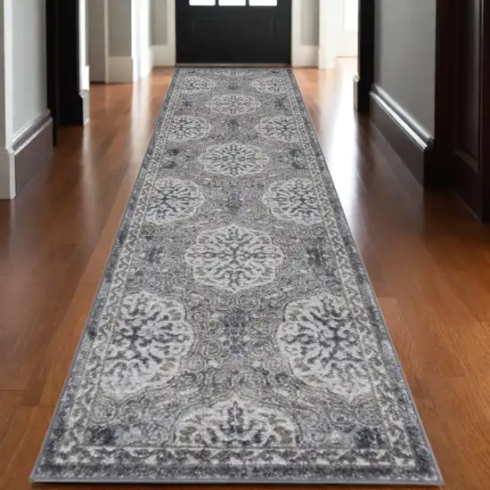 10' Charcoal and Gray Medallion Power Loom Runner Rug Photo 1