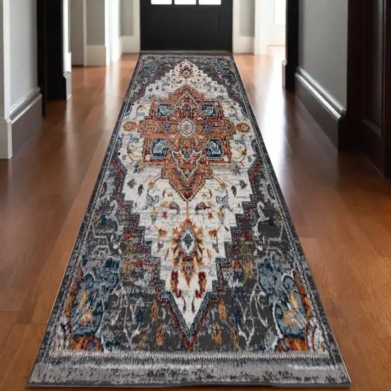 10' Gray Rust and Orange Medallion Power Loom Runner Rug Photo 1