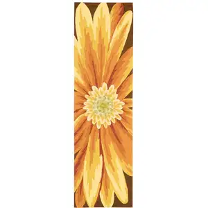 Photo of 8' Brown Orange and Yellow Botanical Leaves Hand Carved Handmade Runner Rug