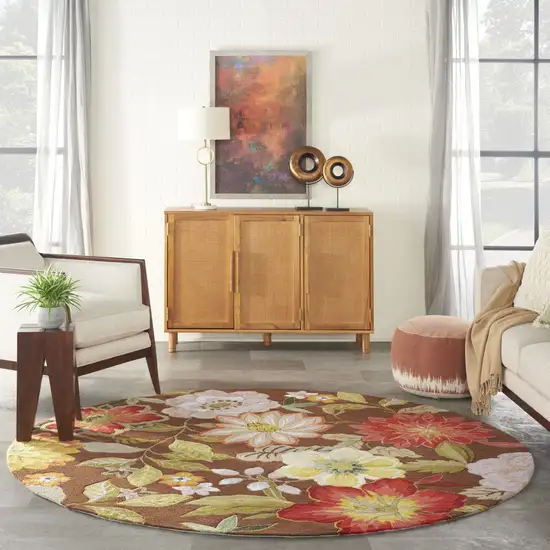 8' Brown Round Floral Hand Hooked Handmade Area Rug Photo 9