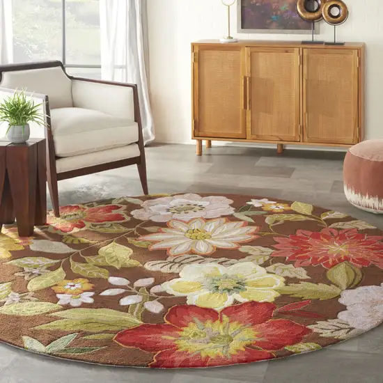 8' Brown Round Floral Hand Hooked Handmade Area Rug Photo 8