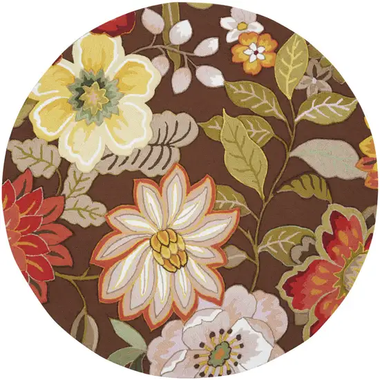 8' Brown Round Floral Hand Hooked Handmade Area Rug Photo 1