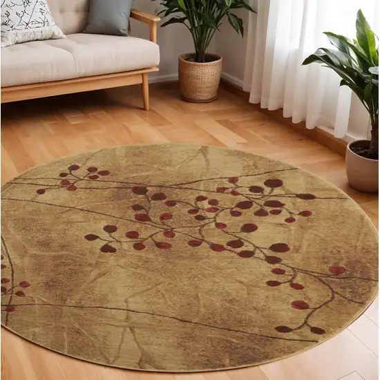 8' Brown Floral Power Loom Non Skid Round Rug Photo 1