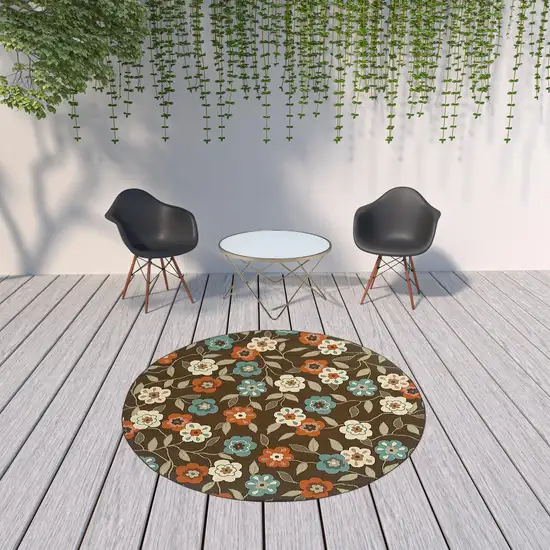 8' Brown Round Floral Stain Resistant Indoor Outdoor Area Rug Photo 3