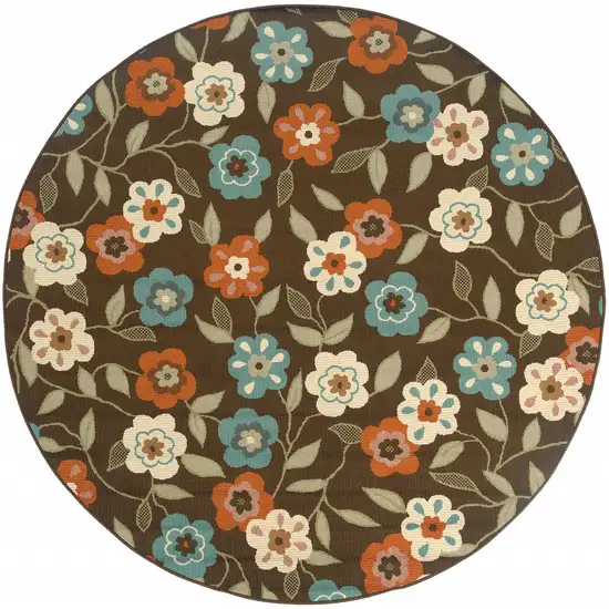 8' Brown Round Floral Stain Resistant Indoor Outdoor Area Rug Photo 1