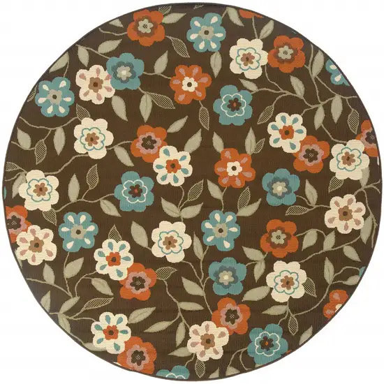 8' Brown Round Floral Stain Resistant Indoor Outdoor Area Rug Photo 2