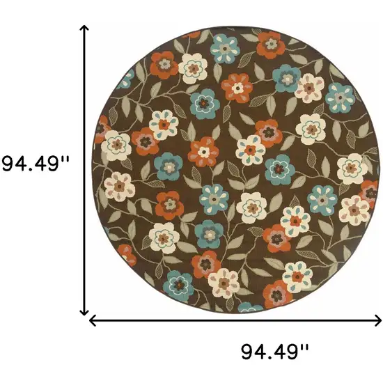 8' Brown Round Floral Stain Resistant Indoor Outdoor Area Rug Photo 4