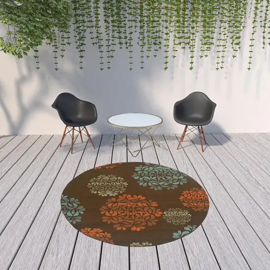 8' Brown Round Floral Stain Resistant Indoor Outdoor Area Rug Photo 3