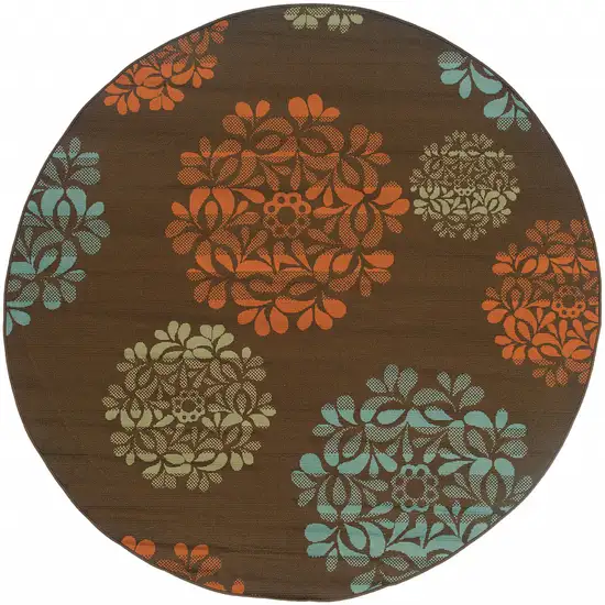 8' Brown Round Floral Stain Resistant Indoor Outdoor Area Rug Photo 1