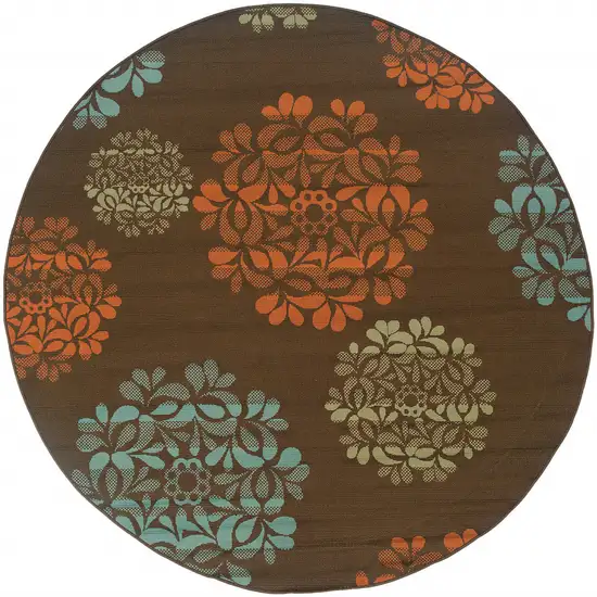 8' Brown Round Floral Stain Resistant Indoor Outdoor Area Rug Photo 2