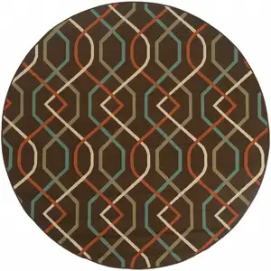 Photo of 8' Brown Round Geometric Stain Resistant Indoor Outdoor Area Rug