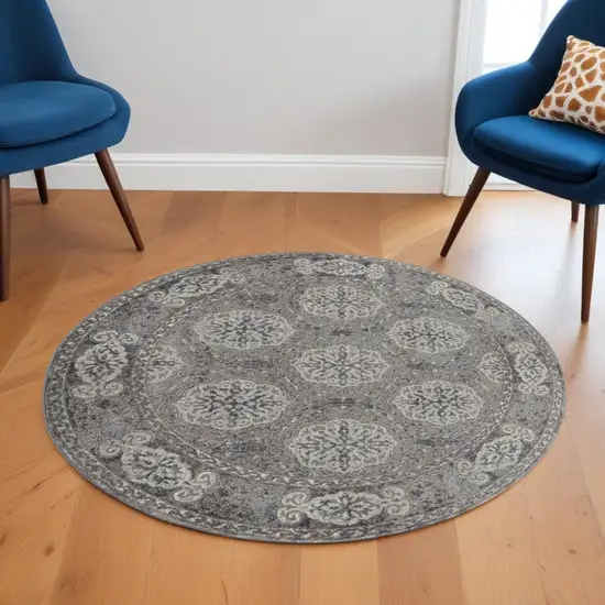 6' Charcoal and Gray Medallion Power Loom Round Rug Photo 1