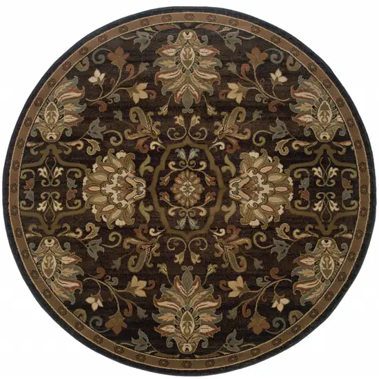 8' Brown Round Oriental Power Loom Stain Resistant Area Rug Photo 1