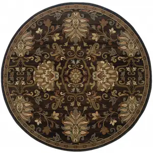 Photo of 8' Brown Round Oriental Power Loom Stain Resistant Area Rug