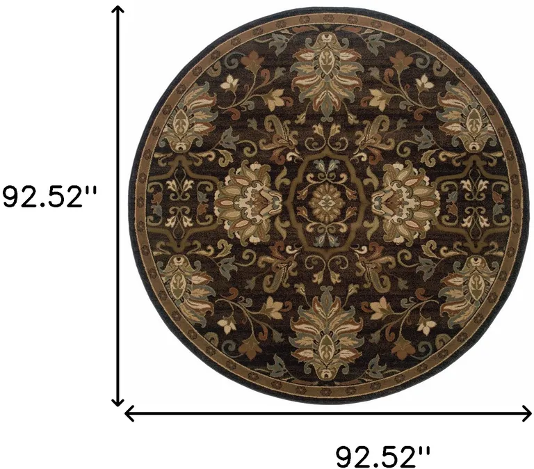 8' Brown Round Oriental Power Loom Stain Resistant Area Rug Photo 4