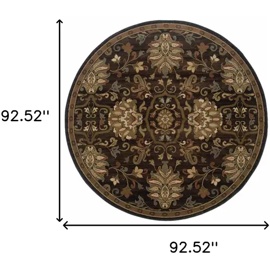 8' Brown Round Oriental Power Loom Stain Resistant Area Rug Photo 4