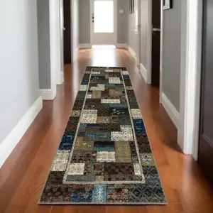 Photo of 8' Brown Tan And Dark Blue Patchwork Runner Rug