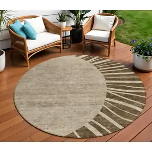 Photo of 8' Brown Taupe And Beige Round Abstract Washable Indoor Outdoor Area Rug