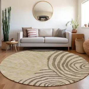 Photo of 8' Brown Taupe And Beige Round Abstract Washable Indoor Outdoor Area Rug