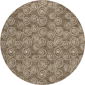 Photo of 8' Brown Taupe And Beige Round Geometric Washable Indoor Outdoor Area Rug