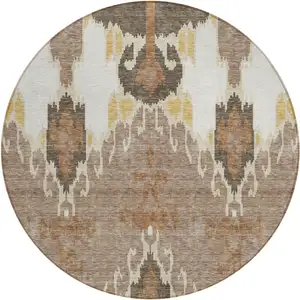 Photo of 8' Brown Taupe And Beige Round Ikat Washable Indoor Outdoor Area Rug