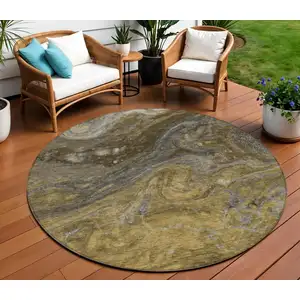 Photo of 8' Brown Taupe And Chocolate Round Abstract Washable Indoor Outdoor Area Rug