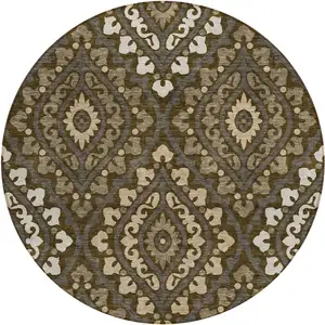 Photo of 8' Brown Taupe And Gray Round Floral Washable Indoor Outdoor Area Rug