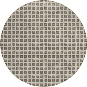 Photo of 8' Brown Taupe And Ivory Round Geometric Washable Indoor Outdoor Area Rug