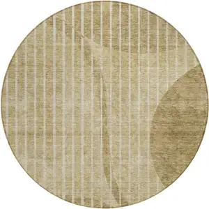 Photo of 8' Brown Taupe And Ivory Round Striped Washable Indoor Outdoor Area Rug