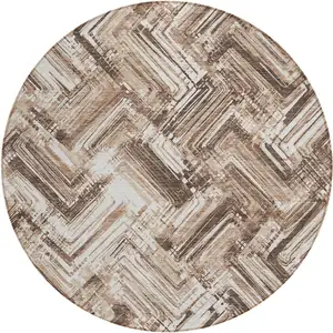 Photo of 8' Brown Taupe And Tan Round Geometric Washable Indoor Outdoor Area Rug