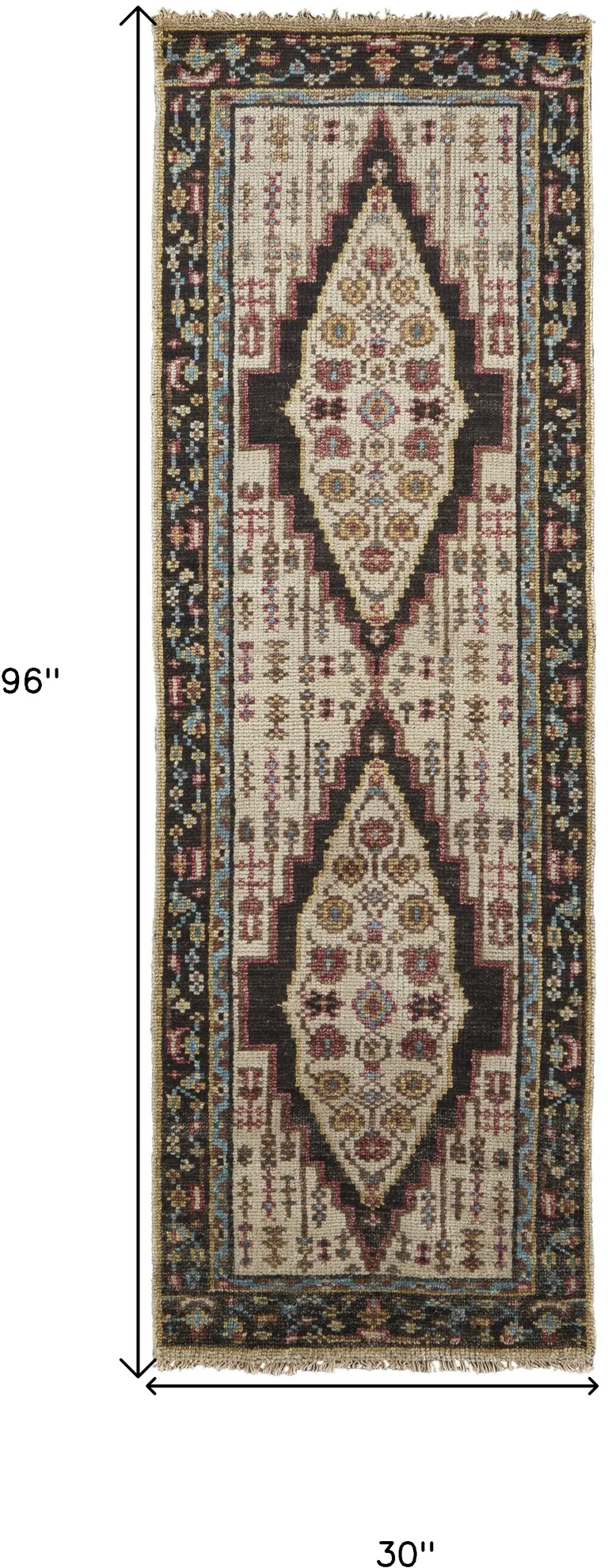 8' Brown Yellow And Green Wool Floral Hand Knotted Distressed Stain Resistant Runner Rug With Fringe Photo 5