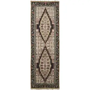 Photo of 8' Brown Yellow And Green Wool Floral Hand Knotted Distressed Stain Resistant Runner Rug With Fringe